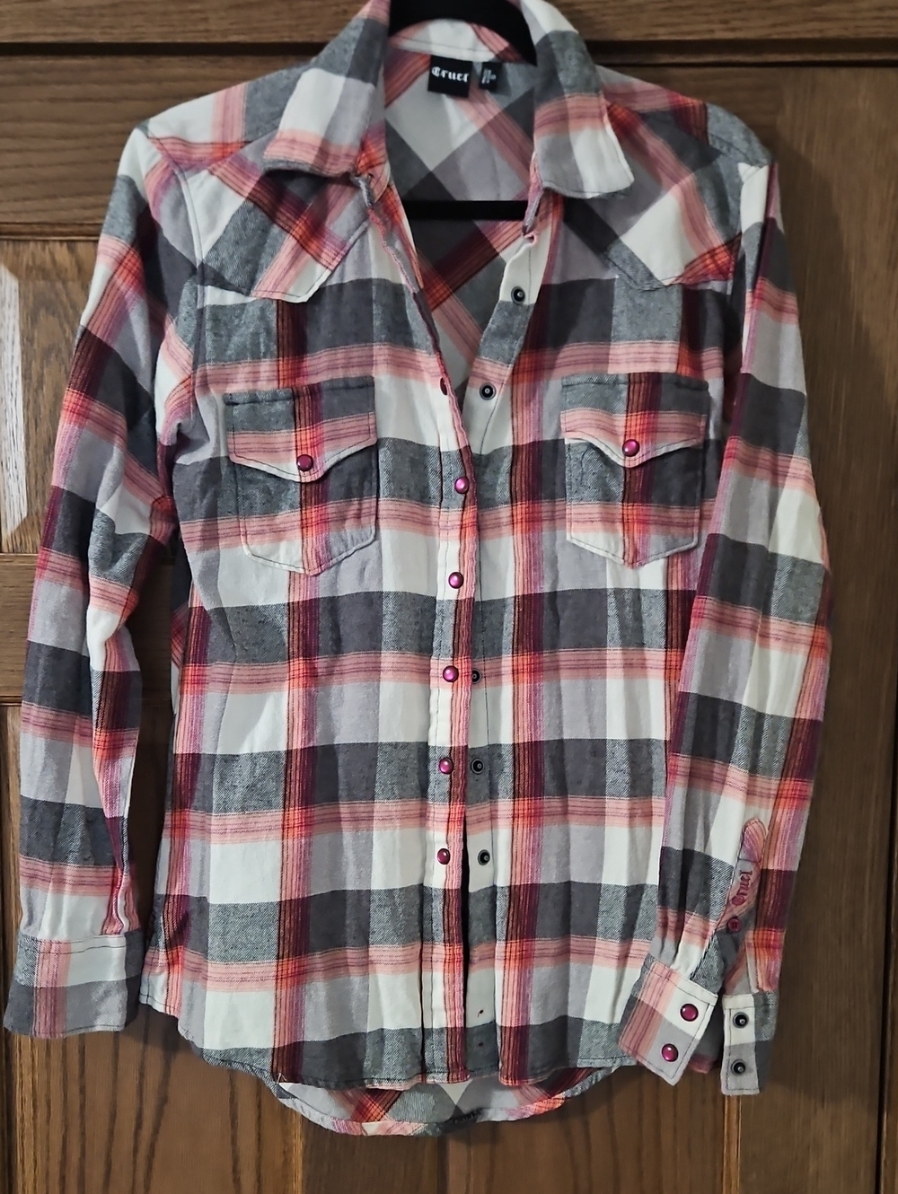 Cruel Girl Plaid Western Snap Shirt in White, Gray & Coral